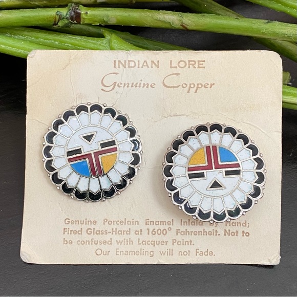 Indian Lore Genuine Copper Porcelain Enamel Inlaid Sun Face Clip On Earrings - Picture 2 of 13